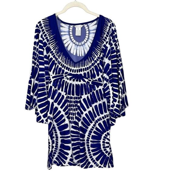 Trina Turk Algiers Tunic Swim Cover Up DressSize Medium Indigo Blue White Ikat - Picture 1 of 9